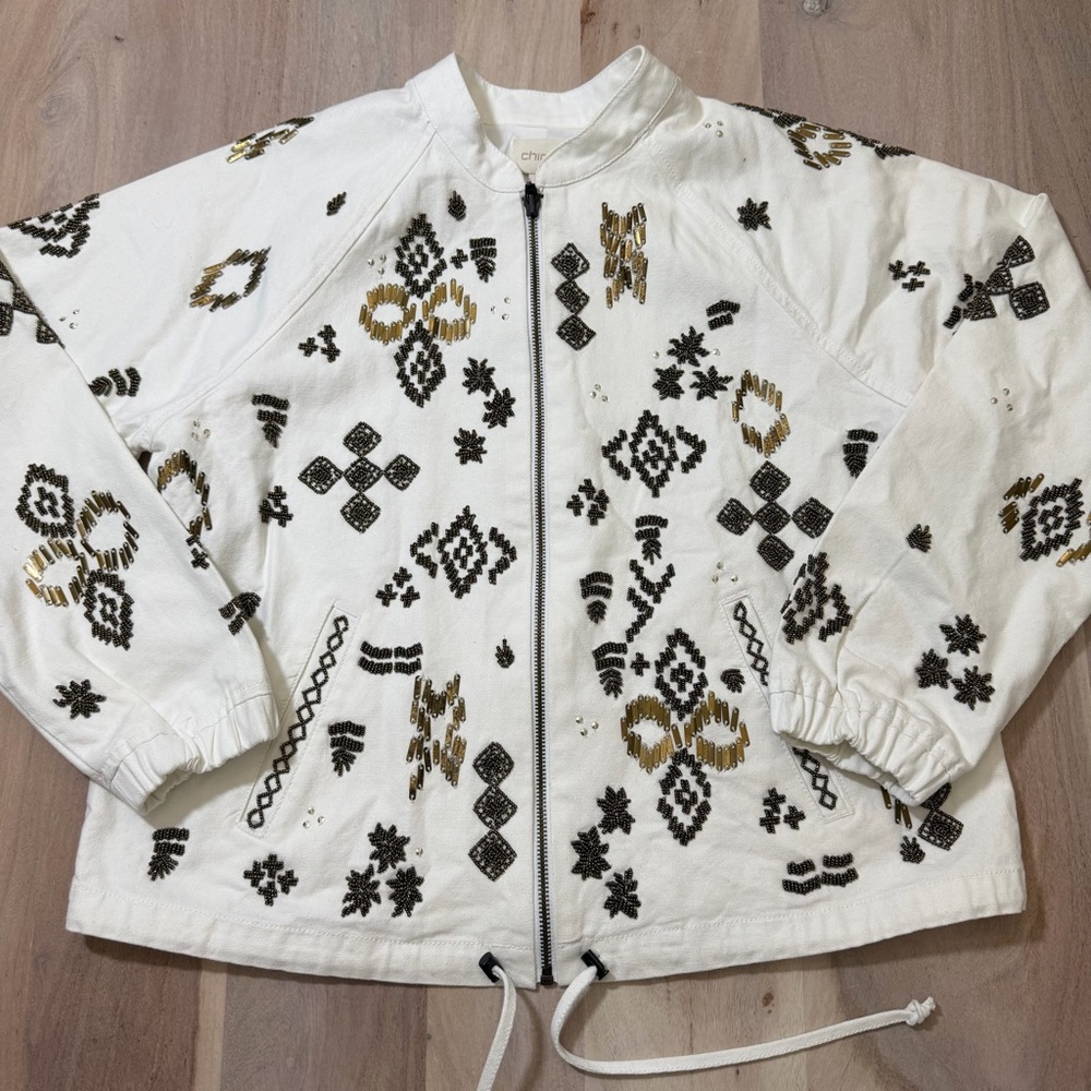 Chico's Alabaster Embellished Cotton Beaded Bomber Jacket White Gold Size 1 US 8